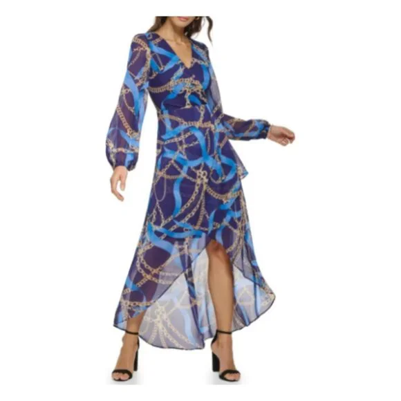 GUESS** Women's Long Sleeve Scarf Print Chiffon Maxi Dress 2 NWOT